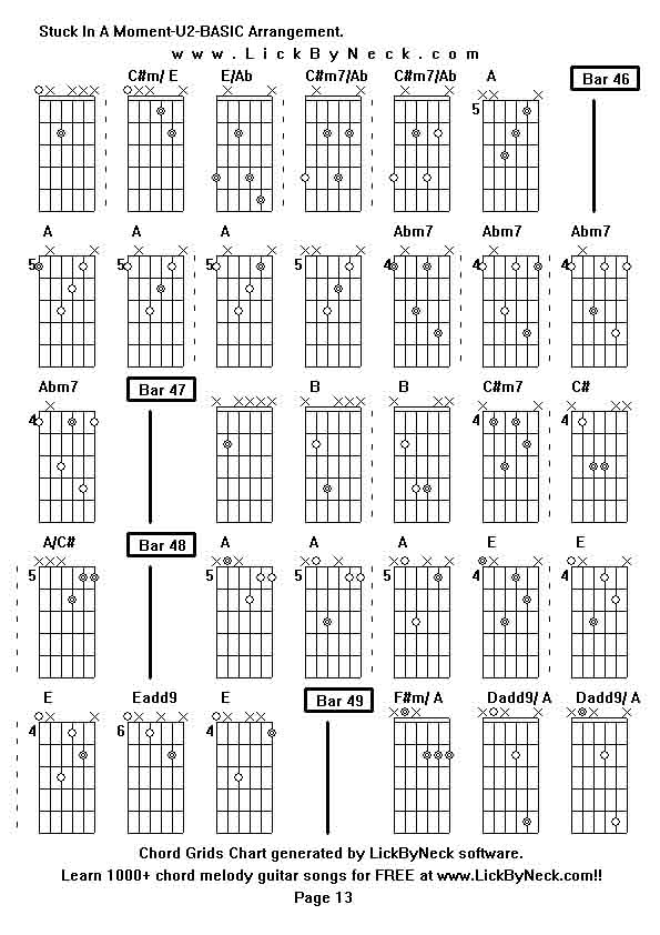 Chord Grids Chart of chord melody fingerstyle guitar song-Stuck In A Moment-U2-BASIC Arrangement,generated by LickByNeck software.